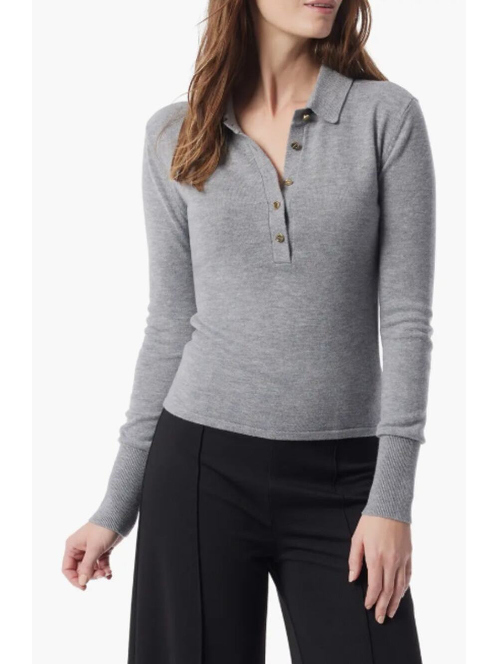 Dee Ocleppo Sinead Polo Sweater Wool Blend Collared Gold Button Preppy Gray